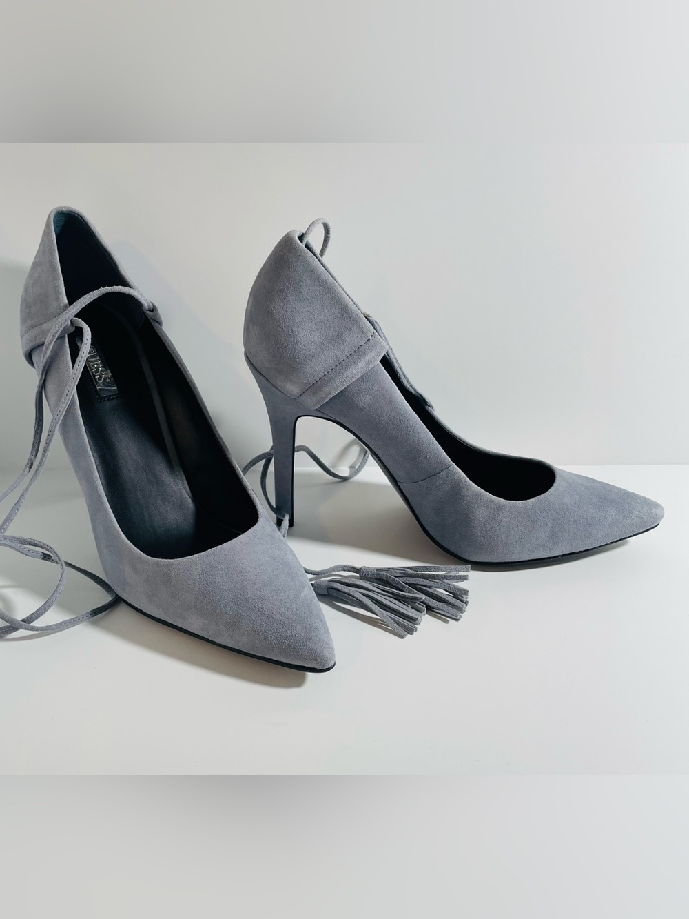 GUESS Suede Tassel Ankle-Tie Heels - Light Gray - Picture 11 of 15